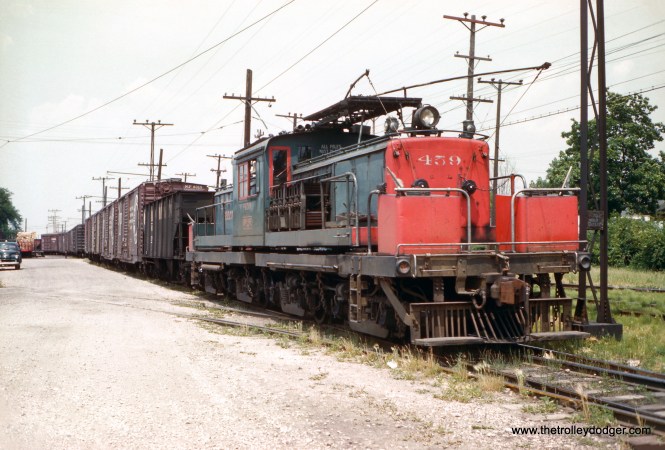North Shore Line electric loco 459 is an eastbound freight in Kenosha, Wisconsin on June 29, 1962.
