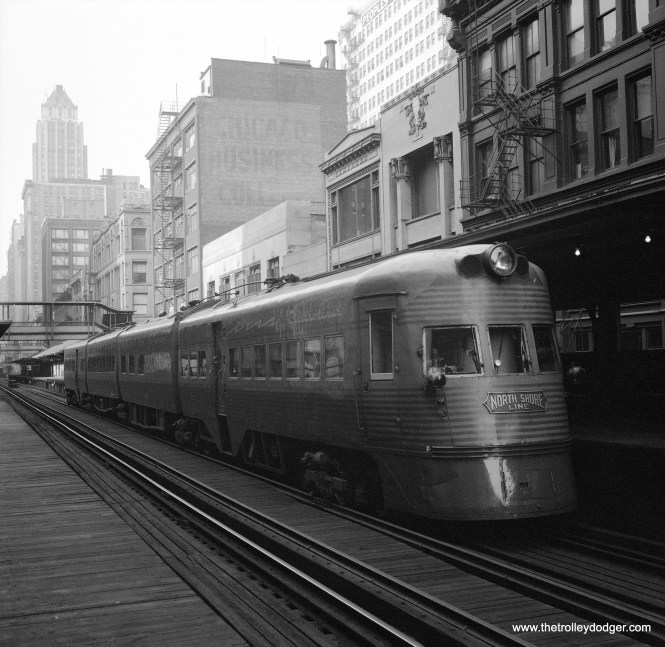 A North Shore Line Electroliner is at the Adams and Wabash station on the Loop "L" on September 4, 1961. The interurban had a station here that was connected directly to the "L".