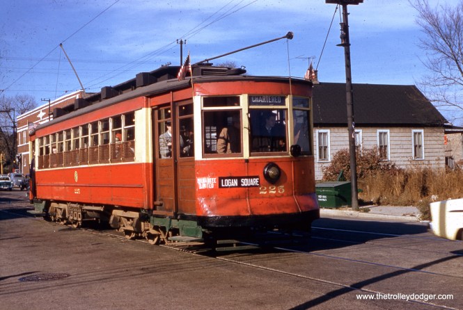 On November 11, 1956, CTA red Pullman car 225 is in 81st Street at Emerald Avenue, on an Illini Railroad Club fantrip. This car was soon purchased by the Seashore Trolley Museum in Kennebunkport, Maine, where it remains today in much the same condition as when it last ran in Chicago. (William C. Hoffman Photo)
