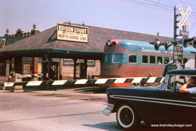 An Electroliner leaves the North Shore Line's Edison Court station in Waukegan, probably in the late 1950s. (A. C. Kalmbach Photo)