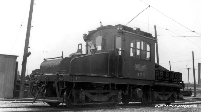 North Shore Line electric loco 450 in Milwaukee on February 15, 1938. (T. G. Wurm Photo) Don's Rail Photos (via Archive.org): "450 was built in 1907 by Alco, (order) #44386, and General Electric, #2696. It was sold to Commonwealth Edison Co. as 6 in February 1948."