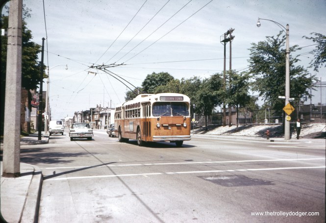 Subject: Milwaukee and Suburban Transport Trolley Bus 526 Location: Milwaukee, Wisconsin Date: 1960s Photographer: Unknown #526 was built by Marmon-Herrington in 1946-47 for the Indianapolis system. It was sold to Milwaukee in 1957, which helps date the picture.
