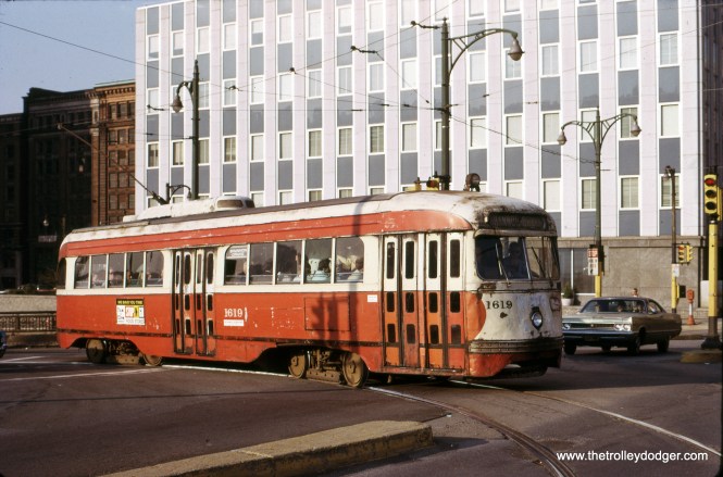 Pittsburgh PAT PCC Streetcar Trolley #1619 Location: Pittsburgh, PA (Fort Pitt-Smithfield) Date: October 23, 1973 Photographer: Joseph P. Saitta