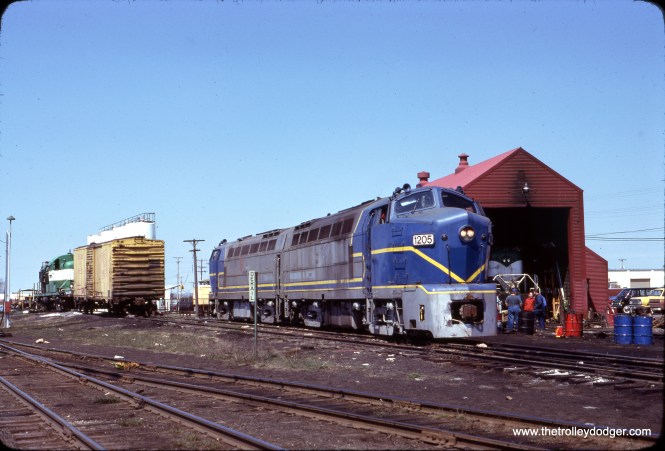 Delaware & Hudson Baldwin RF16 Sharknose #1205 Location: Unknown Date: May 1978 Photographer: John Swift From the Wikipedia: "Delaware and Hudson 1205 and 1216 are two Baldwin RF-16 locomotives originally built for the New York Central Railroad in 1951 and 1952. They are the last two surviving examples of the Baldwin RF-16." Dan Cluley adds, "The former D&H Sharks are in Cadillac MI at the former Ann Arbor RR engine house. The State of MI bought quite a bit of trackage that didn’t make it into Conrail, and then had contracts with several companies to run it. The Michigan Northern RR which operated several ex PRR & AA lines leased these sharks for a few years in the late ’70s."