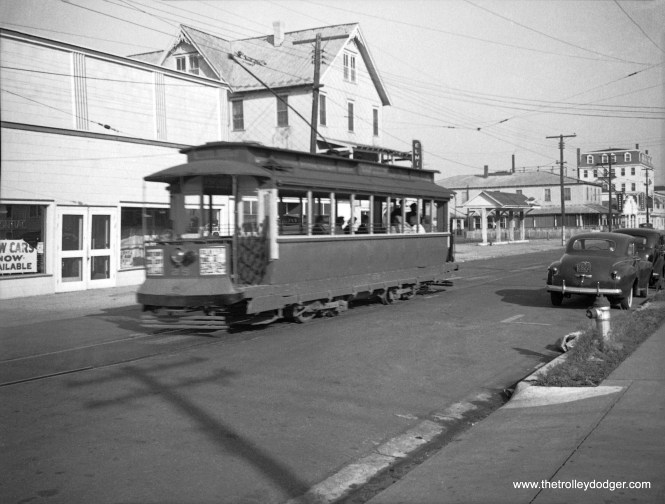 Five Mile Beach Electric Railway car #25 is on Schellenger Avenue in Wildwood, New Jersey on July 2, 1943. Trolleys ran at this seaside resort until 1945. World War II blackouts disrupted business, and Nazi U-Boats were not far off shore. German sailors would occasionally sneak into town looking for food.