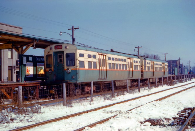 CTA 6123-6124 are heading eastbound at the temporary Oak Park Avenue station in Oak Park in March 1960. These cars formerly were used on the Evanston branch "L" and had trolley poles for use there (third rail was not permitted). These have been removed, as the Congress line was all third rail, but you can see remnants. (Jeffrey L. Wien Photo)