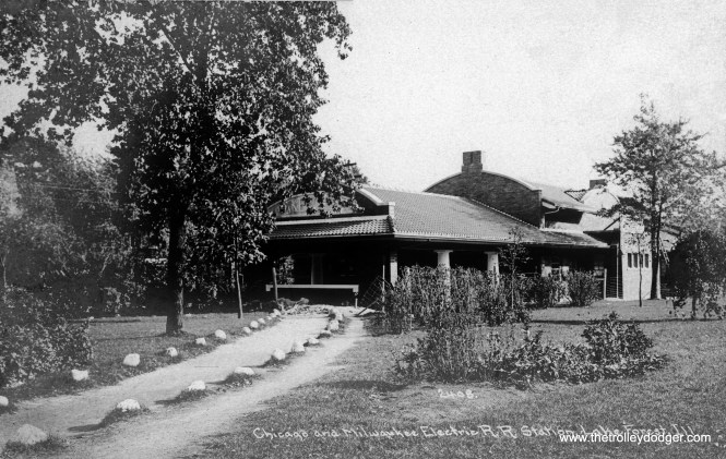 This C. R. Childs real photo postcard view of the back of the Chicago and Milwaukee Electric (later the North Shore Line) station in Lake Forest indicates that this was taken prior to its 1910 completion.