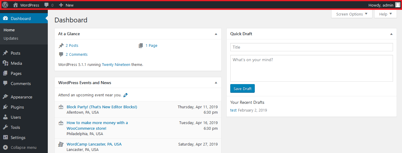 WordPress Dashboard Admin Bar