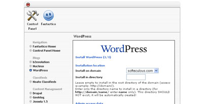 Fantastico WordPress install