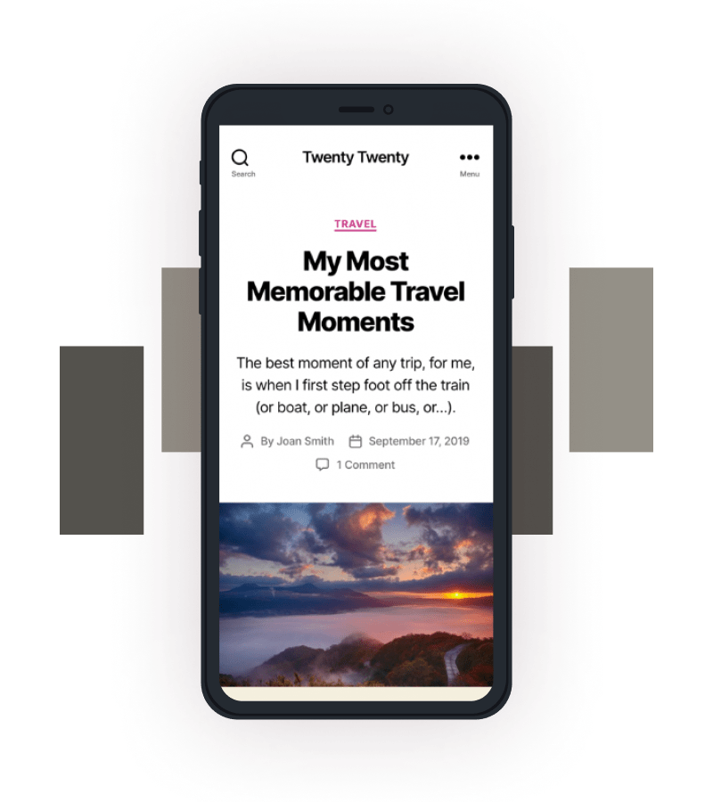 A mobile image of the Twenty Twenty theme, over a decorative backgorund of brown-grey bars.