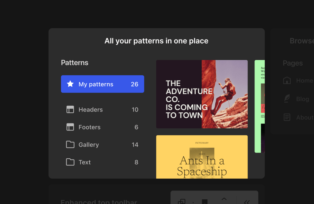 Image showing the new My Patterns section in the CMS.