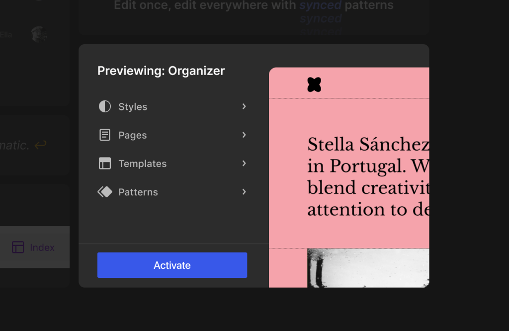 Image about previewing block themes titled Previewing Themes depicting "Previewing: Organizer"