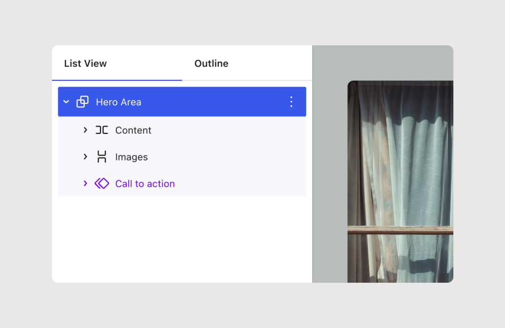 Screenshot of the List View tool. It shows a Group block renamed as "Hero Area" with inner Group blocks also with custom names, such as "Content," "Images," and "Call to action."