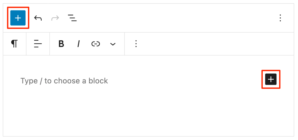 screenshot of the block editor in action, with the "add block" buttons highlighted