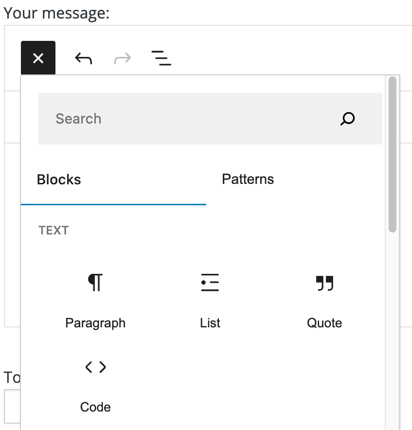 screenshot of the list of available blocks