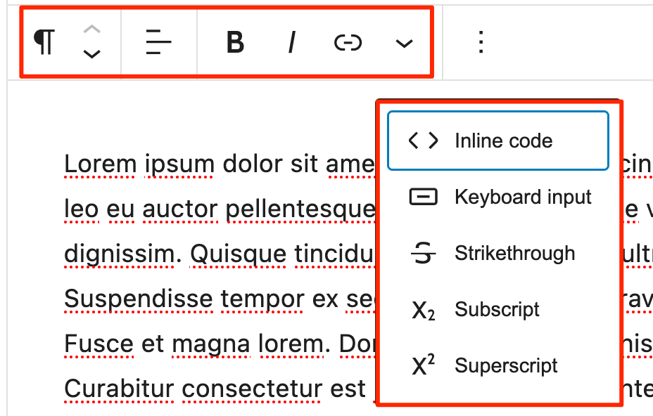 screenshot of the block editor in action, highlighting the paragraph block's toolbar