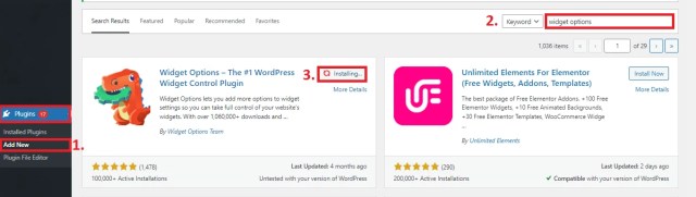 install and activate widget options plugins