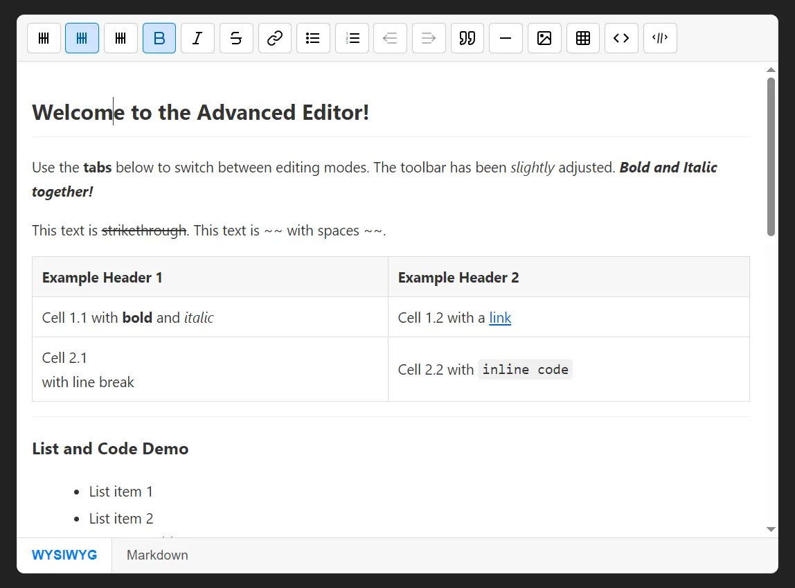 Dual-Mode WYSIWYG Rich Text & Markdown Editor in JavaScript