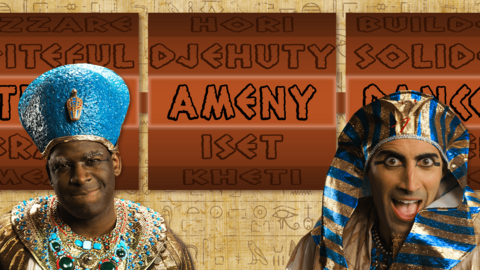 Two Pharaohs next to a spinning wheel which has names on