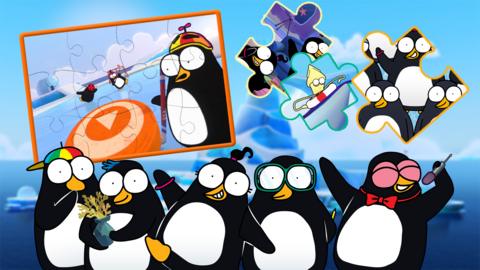 The Piripenguins, cartoon penguins living on an iceberg, there is a jigsaw puzzle in the background.