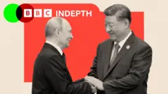 Poutine et Xi se serrant la main, sur fond rouge, avec les portraits des deux dirigeants en noir et blanc