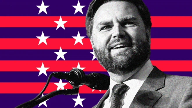 Black and white photo of Vance at a microphone in front of a coloured background of stars and stripes