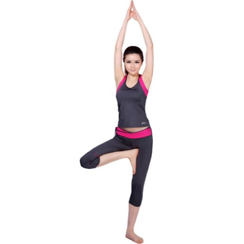 ヨガウェア 2点セットノースリーブ トップス サブリナパンツ レディースダンス/体操/ヨガ/ピラティス専用ウェアRuleronline (ダークグレーとローズ, M)