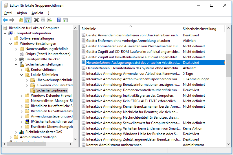 Herunterfahren: Auslagerungsdatei des virtuellen Speichers löschen