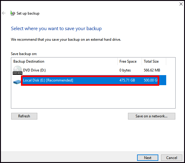 choose destination to save backup
