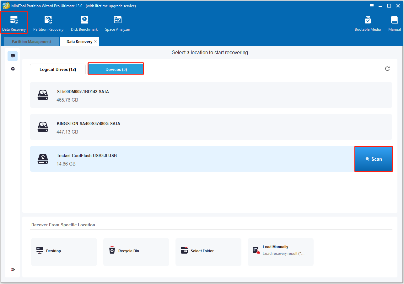 select the storage device and click Scan in MiniTool Partition Wizard