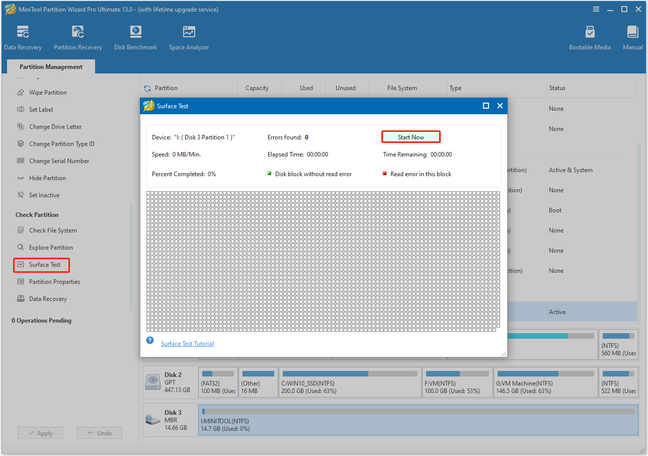 run Surface Test in MiniTool Partition Wizard