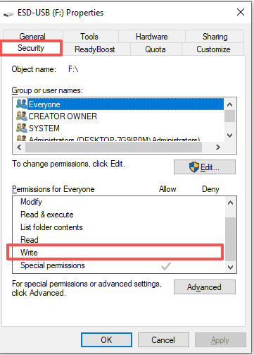 check permissions in Properties