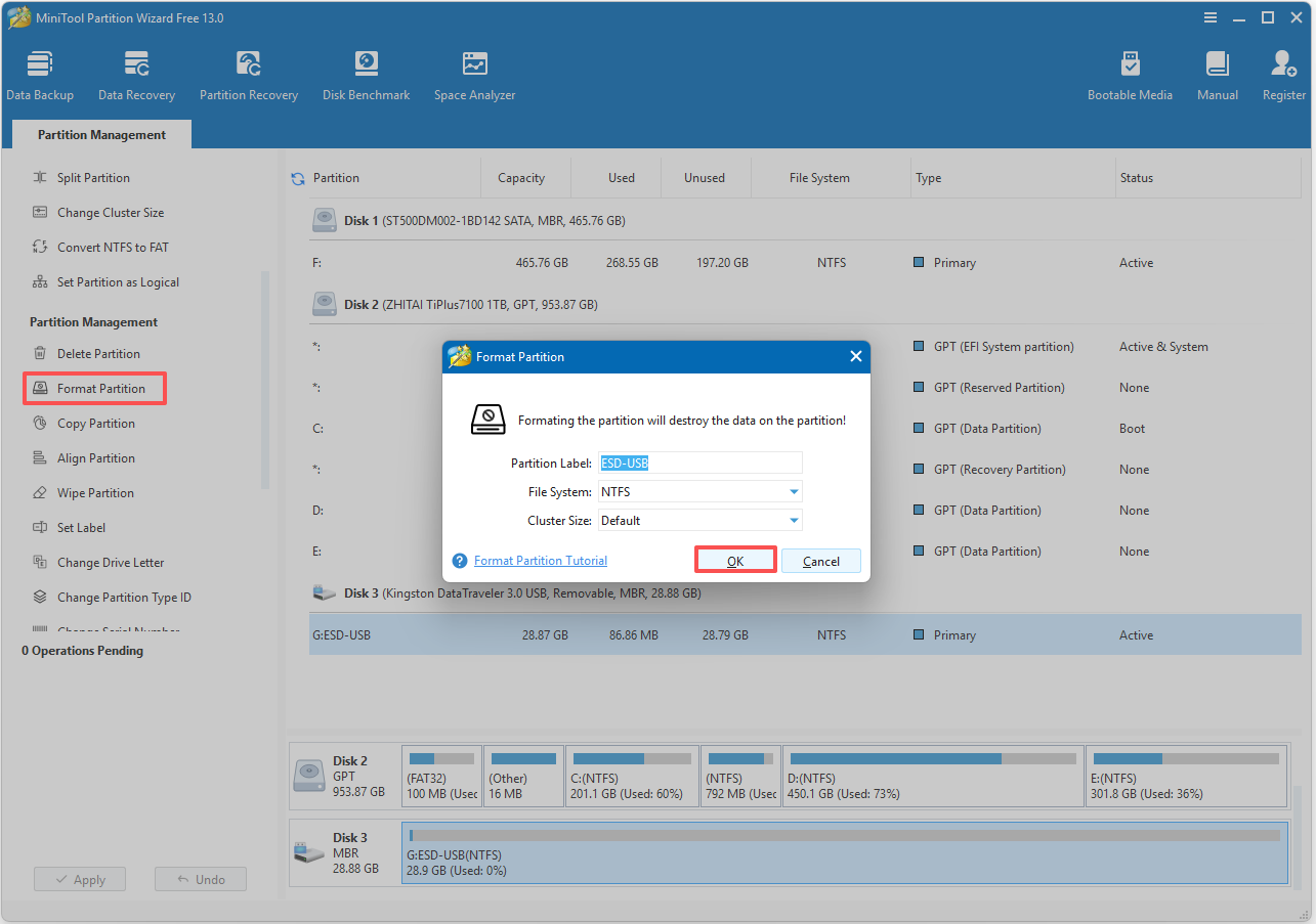 use Format Partition in MiniTool Partition Wizard