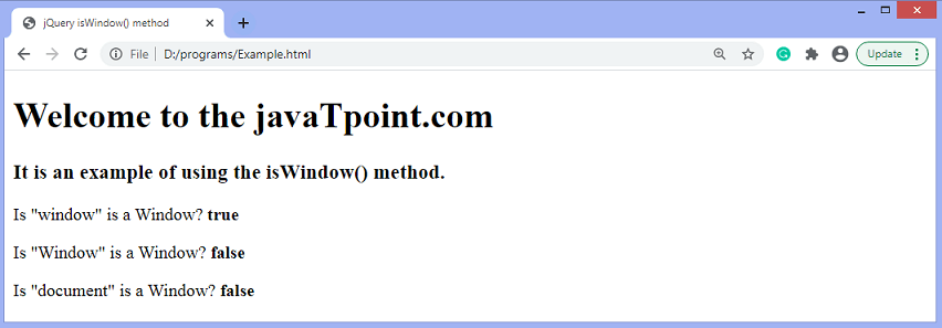 jQuery isWindow() method