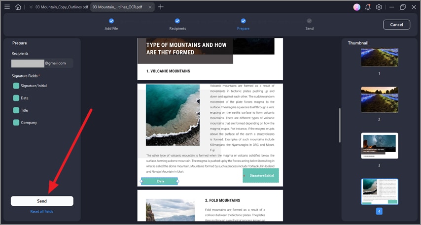 place fields send document