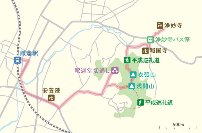 鎌倉:衣張山ハイキングコースの地図