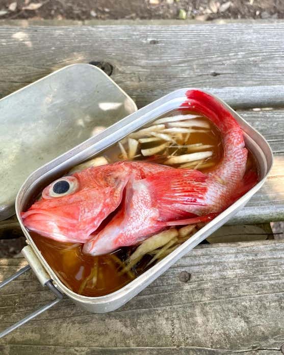 ①メスティンに洗ったお米、めんつゆを入れて、内側のリベット(丸い突起)の中心まで水を加えて調整する。
②お米の上に昆布、その上にキンメ、しょうがをのせ、フタをして固形燃料で約20分炊く。