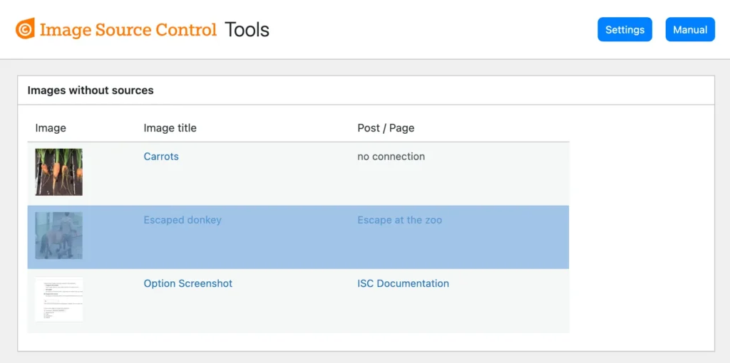 A list of images that don’t have a source listed on the Image Source Control Tools page