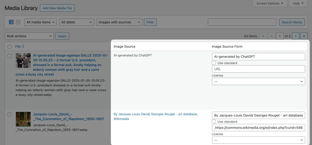 The Media Library in list view with highlighted columns for the image attribution preview and editing.