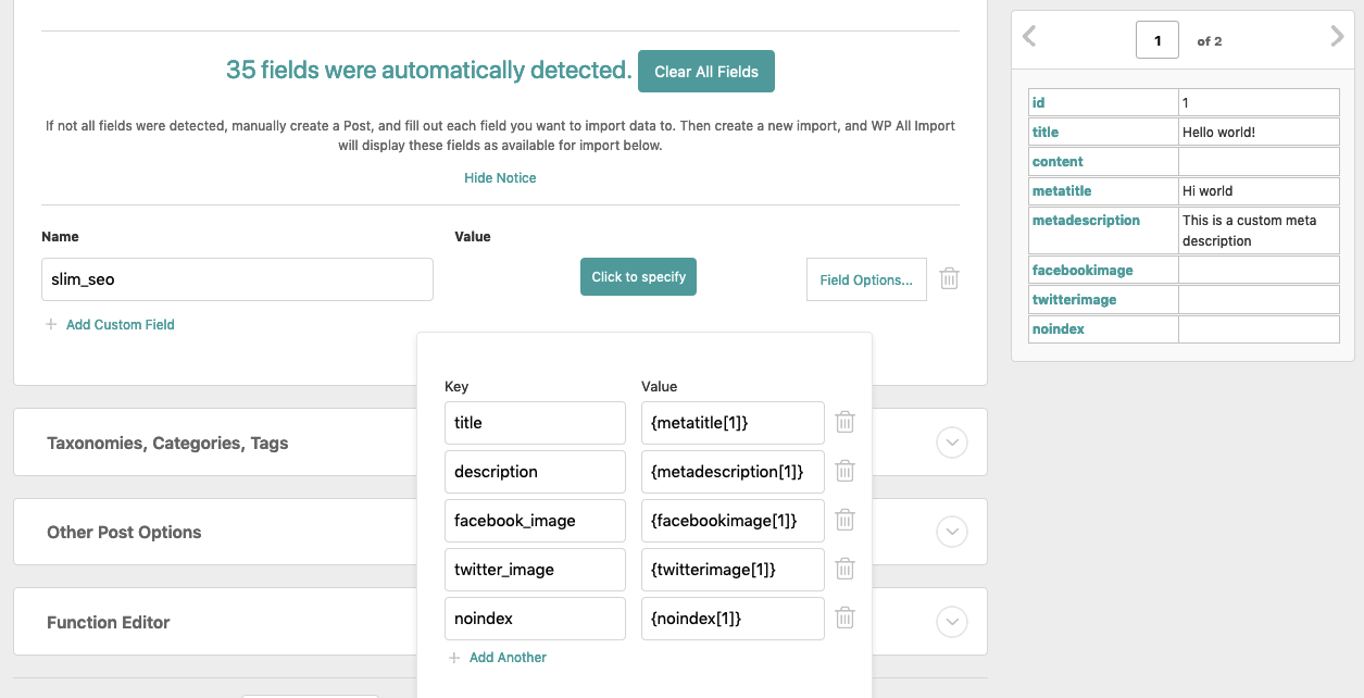 Specify Slim SEO fields in WP All Import
