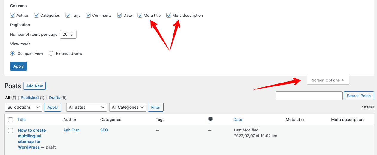 Toggle columns via screen options