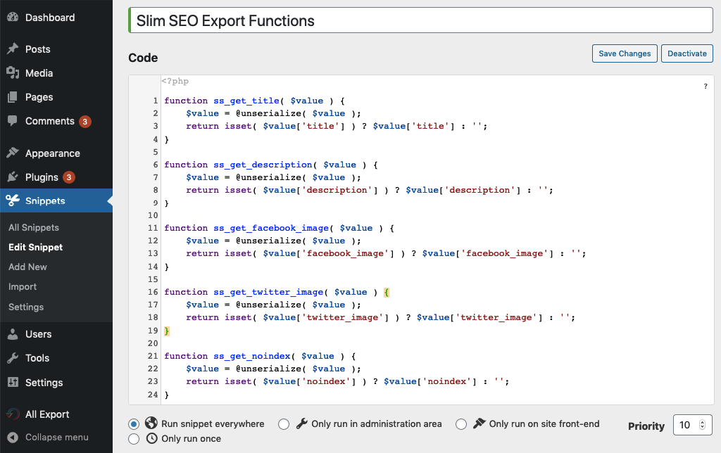 Create helper export functions via Code Snippets plugin