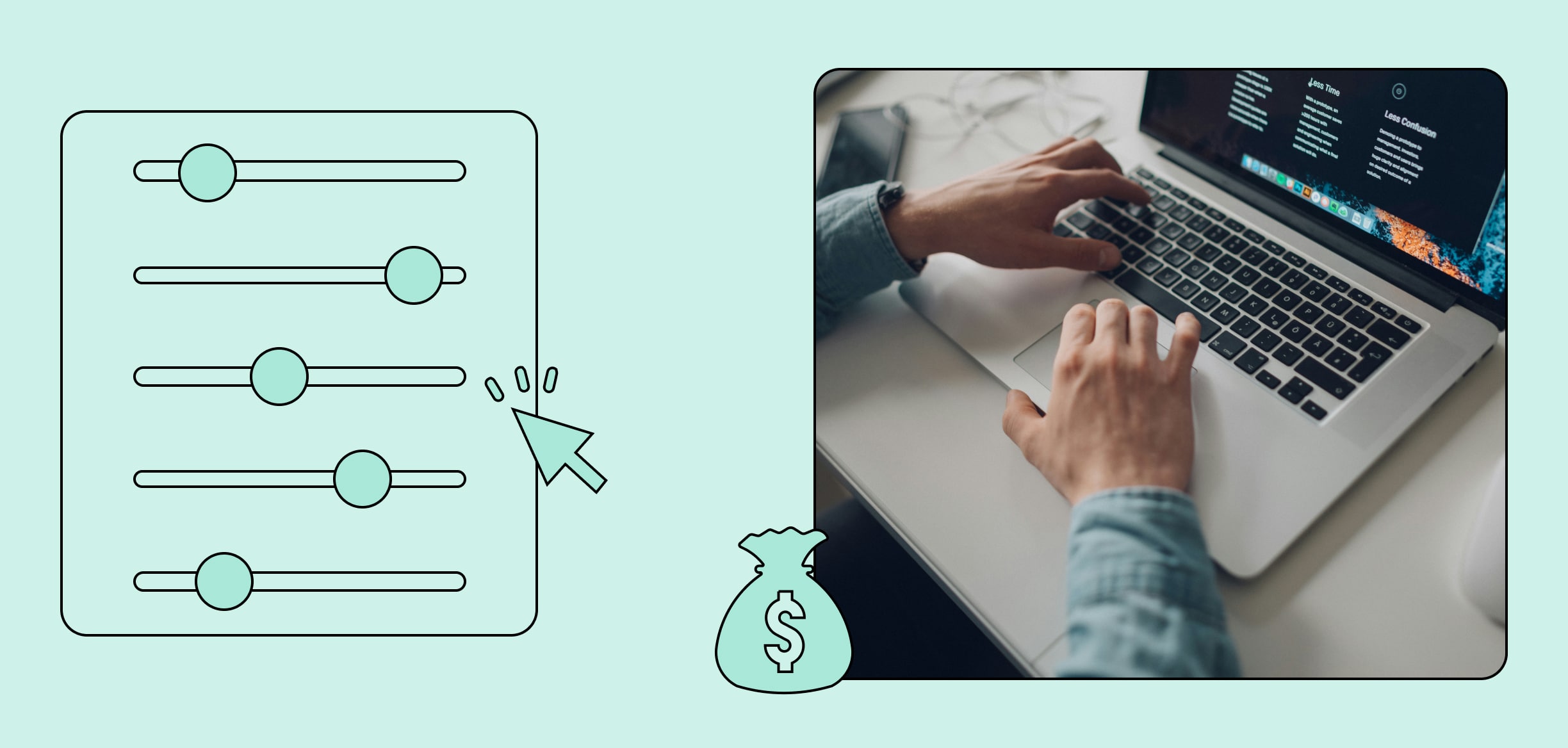 Illustration of slider bars, a mouse cursor, and a moneybag next to a photo of a professional using a laptop