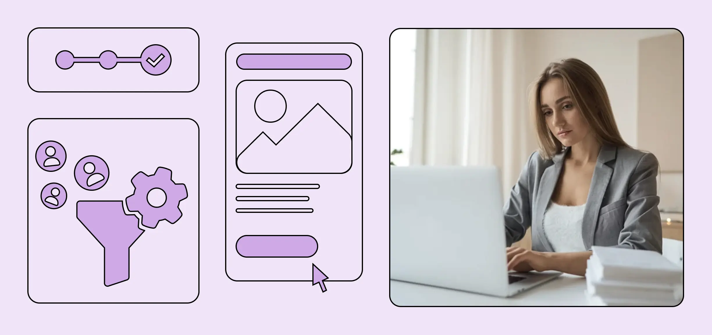 Illustrations of a three-step checklist, a conversion funnel, and a webpage adjacent to a photo of a female professional using a laptop