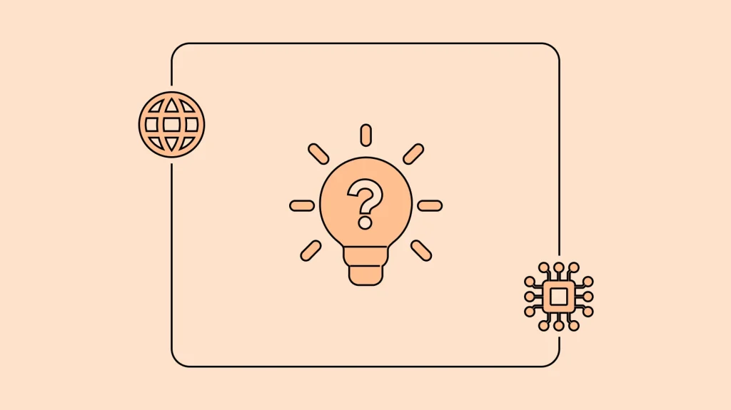 Globe, lightbulb with question mark, and microchip icon symbolizing web search, AI inquiry, and technology in GEO