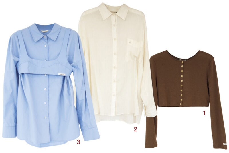 1.クロップト丈が今っぽいカーデ(₩79,000)。細かく並んだボタンがアクセント。2.落ち感のあるシンプルなシアーシャツ(₩149,000)は希さんもお買い上げ♡ 3.セットで着るとお洒落度が倍増するシャツ(₩ 149,000)とブラキャミ(₩89,000)は要チェック。