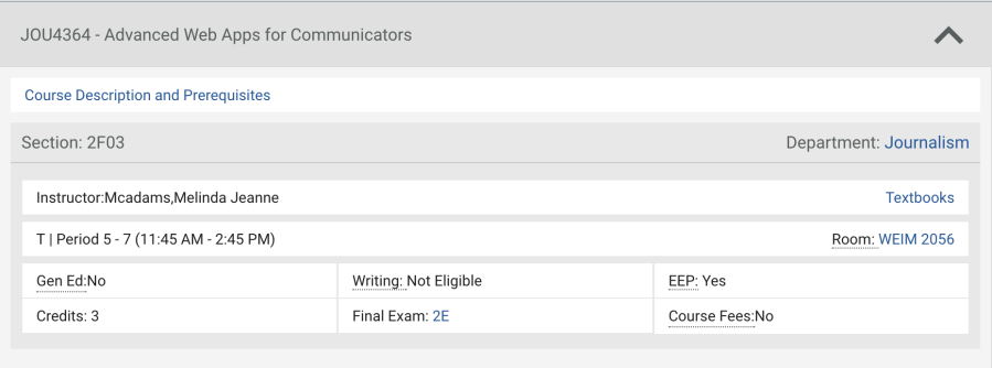 Screen shot from UF course schedule - JOU 4364