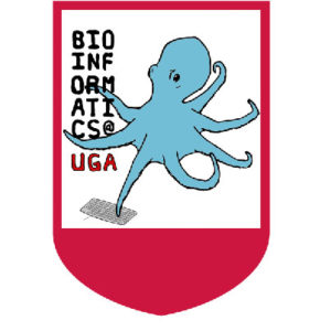 photo_stand_in A blue octopus, representing Graduate Students, sits next to the text BIOINFORMATICS@UGA and a gray keyboard, all within a red shield-shaped border.