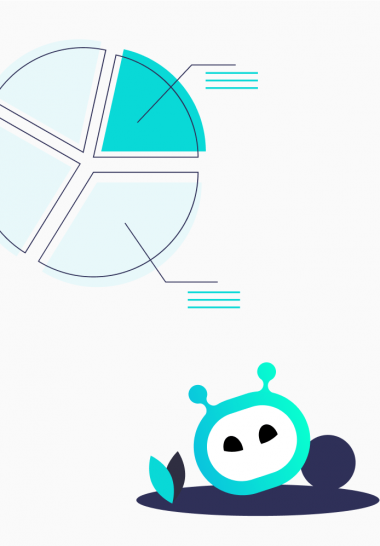 Graphics showing charts and the hellobot logo flying around them