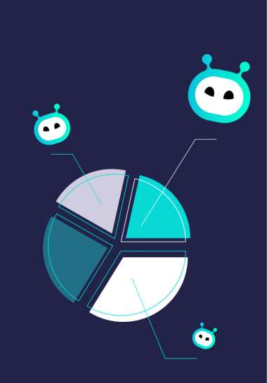 Graphics showing charts and the hellobot logo flying around them